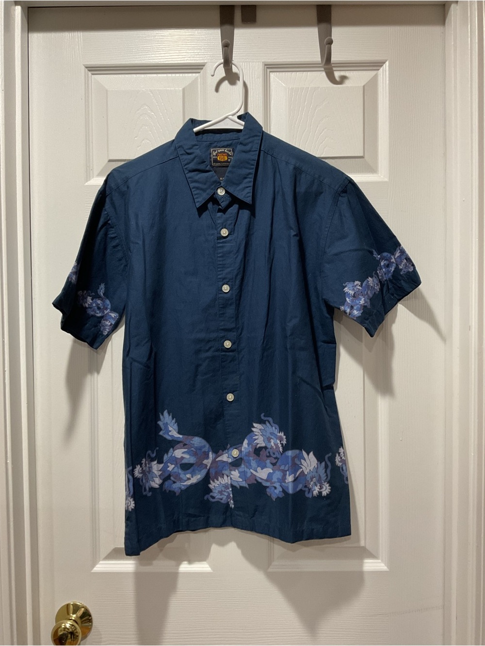 Route 66 Navy Blue Short-Sleeve Button-Down Shirt with Floral Dragon Trim